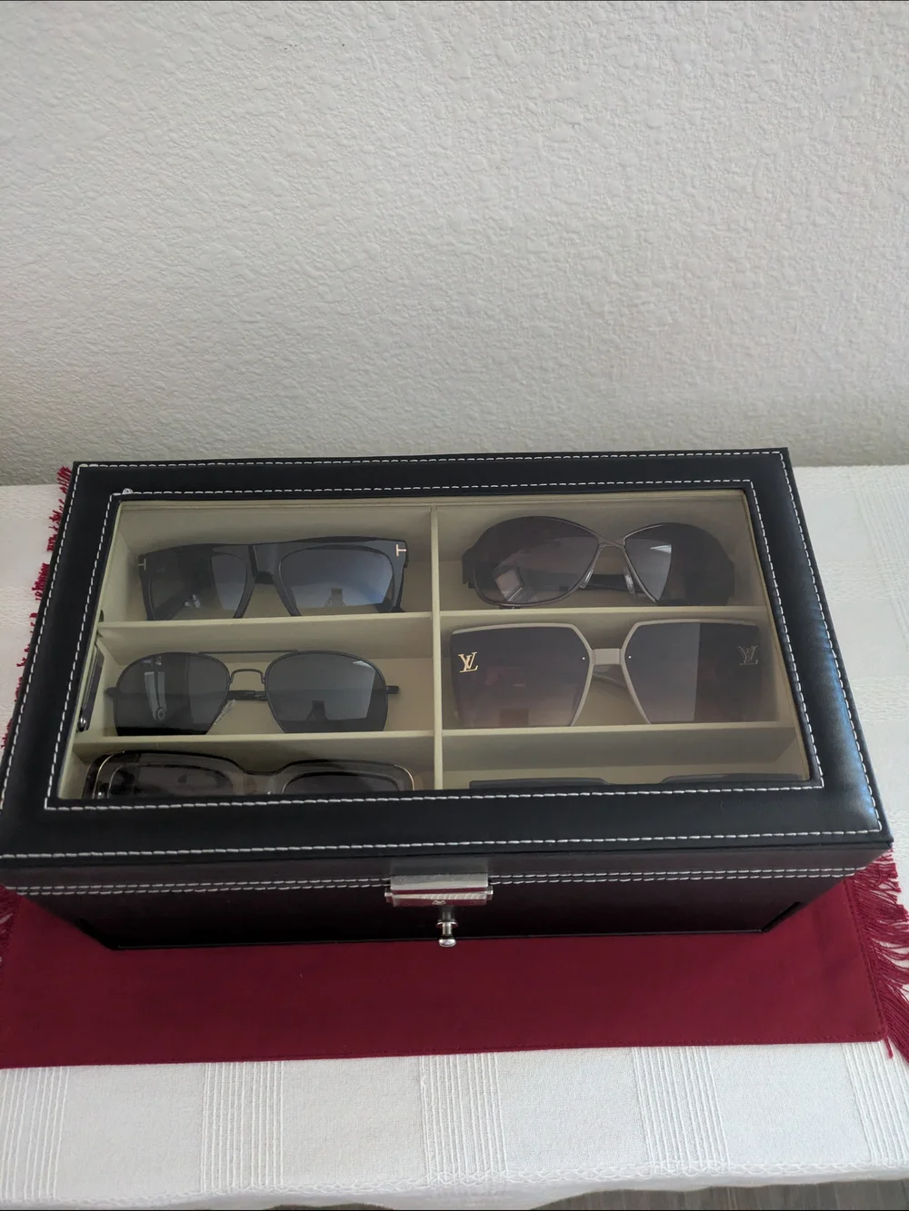 Luxury Black Leather Sunglass Case with Glass Top
